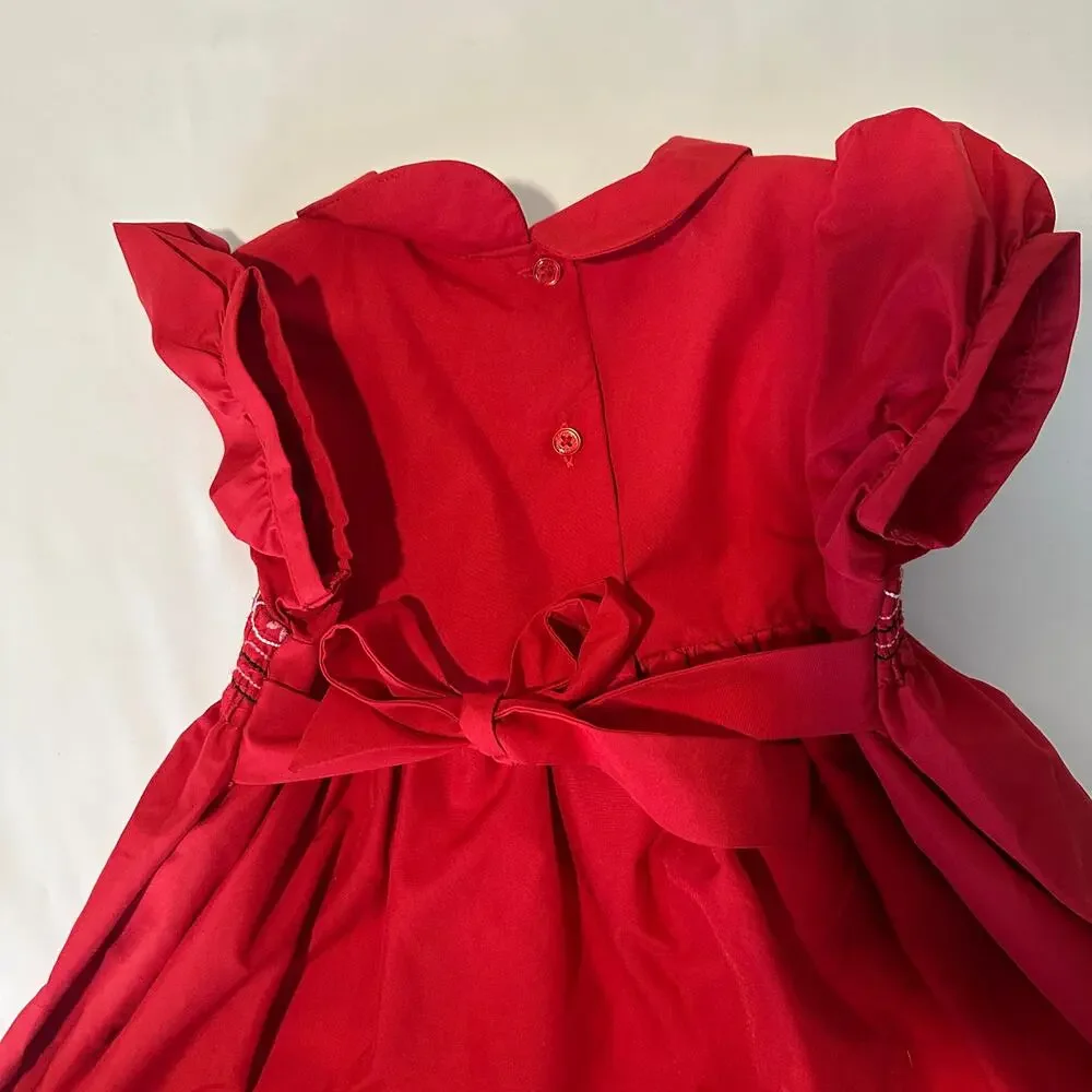 OshKosh B'gosh Red Peter Pan Collar Holiday Christmas Floral Embroidered Dress